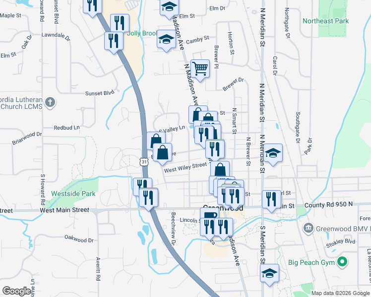 map of restaurants, bars, coffee shops, grocery stores, and more near 430 Euclid Avenue in Greenwood