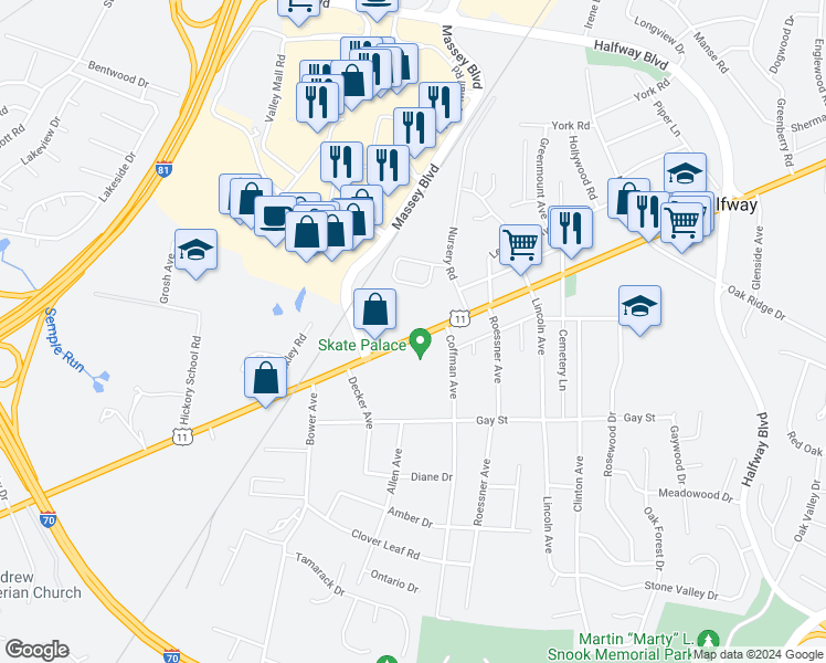 map of restaurants, bars, coffee shops, grocery stores, and more near 17334 Virginia Avenue in Hagerstown