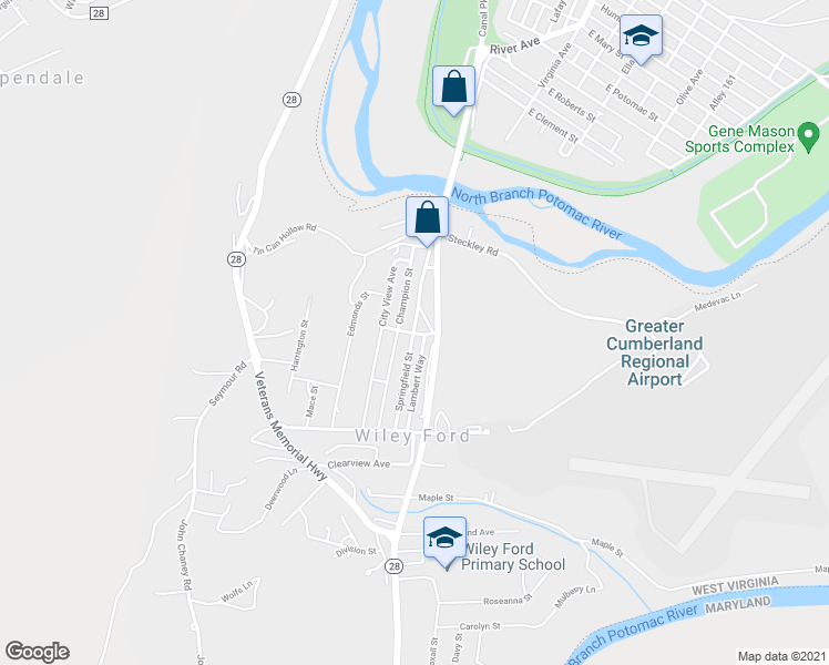 map of restaurants, bars, coffee shops, grocery stores, and more near 58 State Street in Wiley Ford