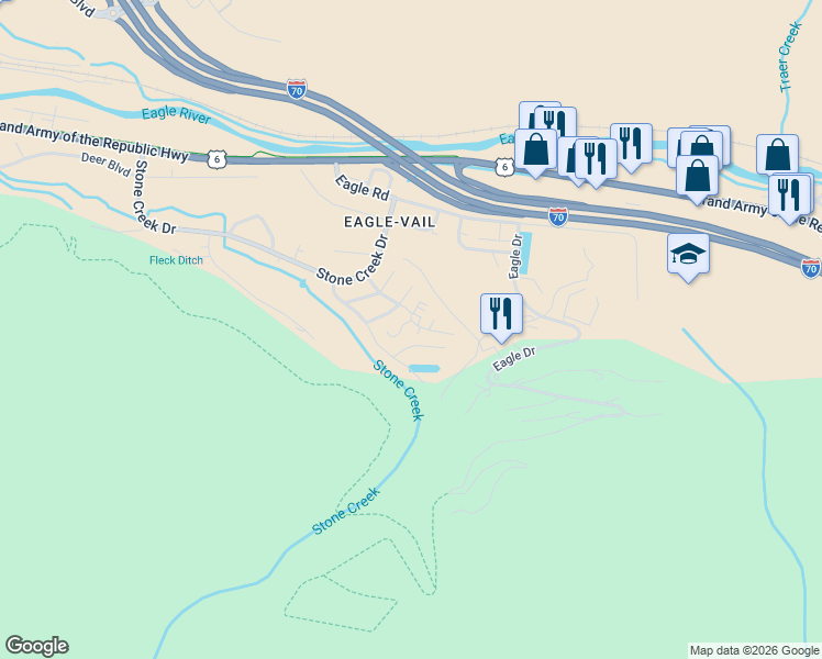 map of restaurants, bars, coffee shops, grocery stores, and more near 54 Beaver Road in Vail