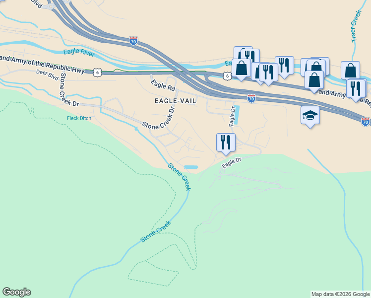 map of restaurants, bars, coffee shops, grocery stores, and more near 54 Beaver Road in Vail