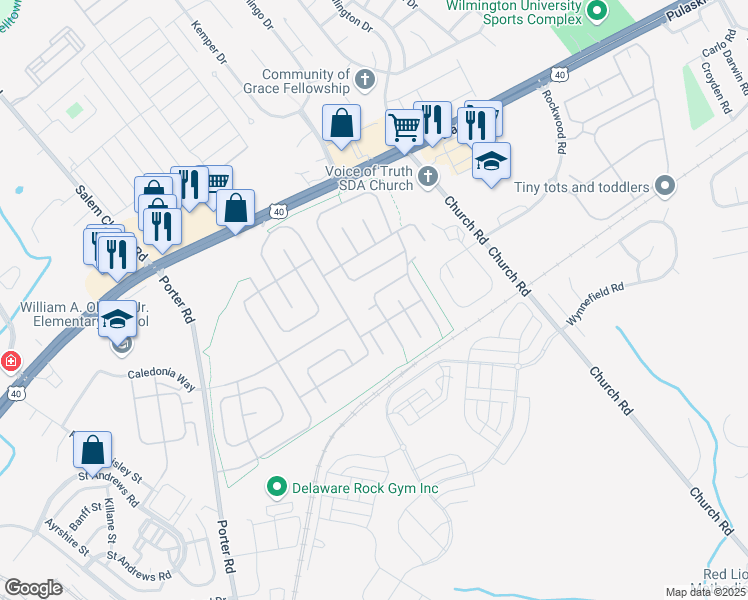 map of restaurants, bars, coffee shops, grocery stores, and more near 1925 Brian Circle in Bear