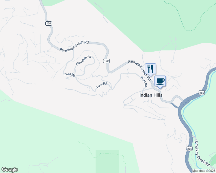 map of restaurants, bars, coffee shops, grocery stores, and more near 21387 Taos Road in Indian Hills