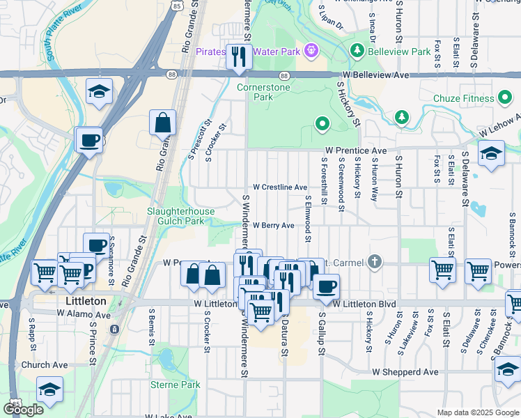 map of restaurants, bars, coffee shops, grocery stores, and more near 5441 South Cedar Street in Littleton