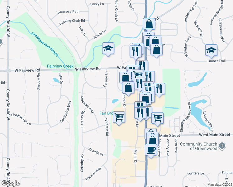 map of restaurants, bars, coffee shops, grocery stores, and more near 3177 Meridian Parke Drive in Greenwood