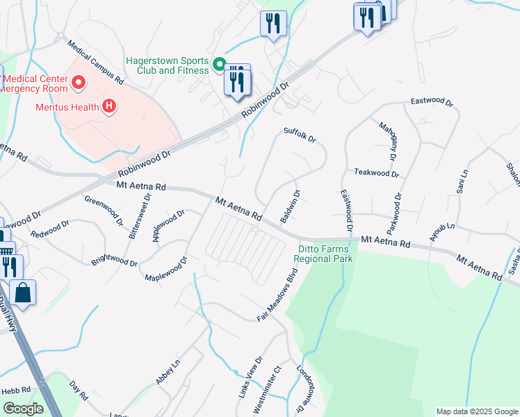 map of restaurants, bars, coffee shops, grocery stores, and more near 11281 Suffolk Drive in Hagerstown