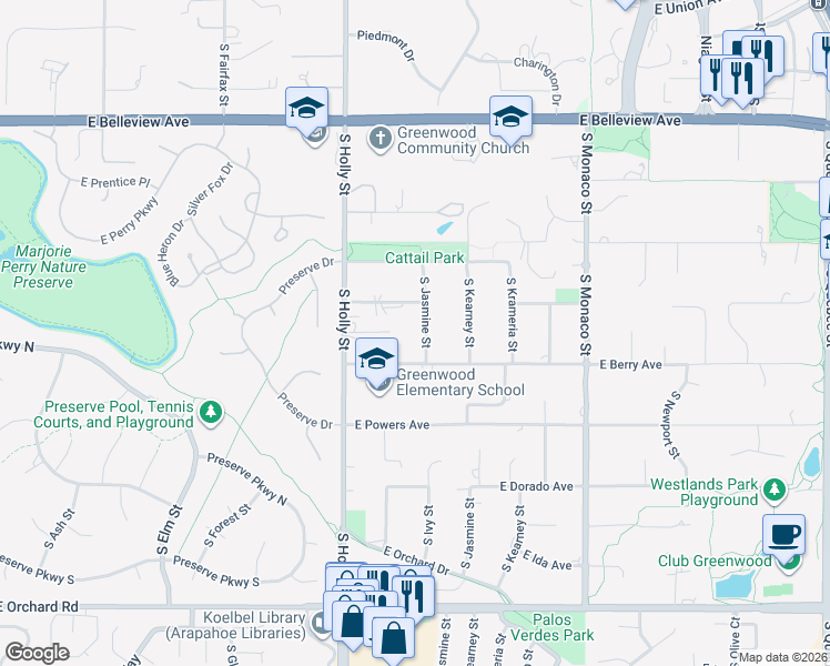 map of restaurants, bars, coffee shops, grocery stores, and more near 5470 South Holly Street in Greenwood Village
