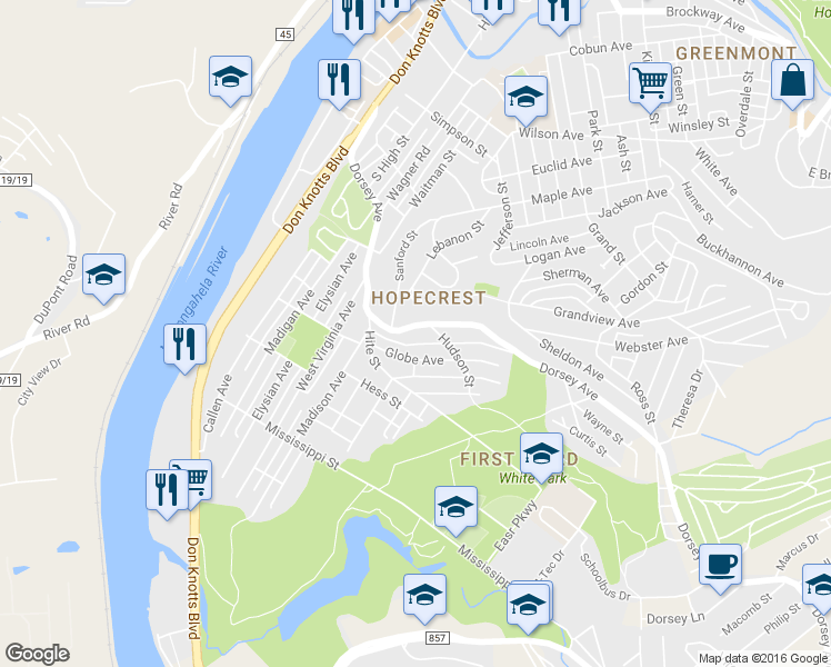 map of restaurants, bars, coffee shops, grocery stores, and more near 480 Dorsey Avenue in Morgantown
