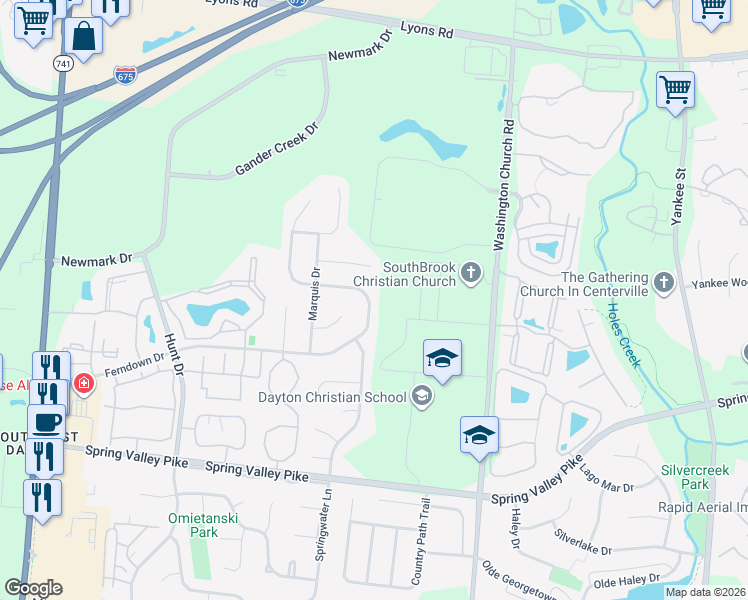 map of restaurants, bars, coffee shops, grocery stores, and more near 2372 Ferndown Drive in Miamisburg