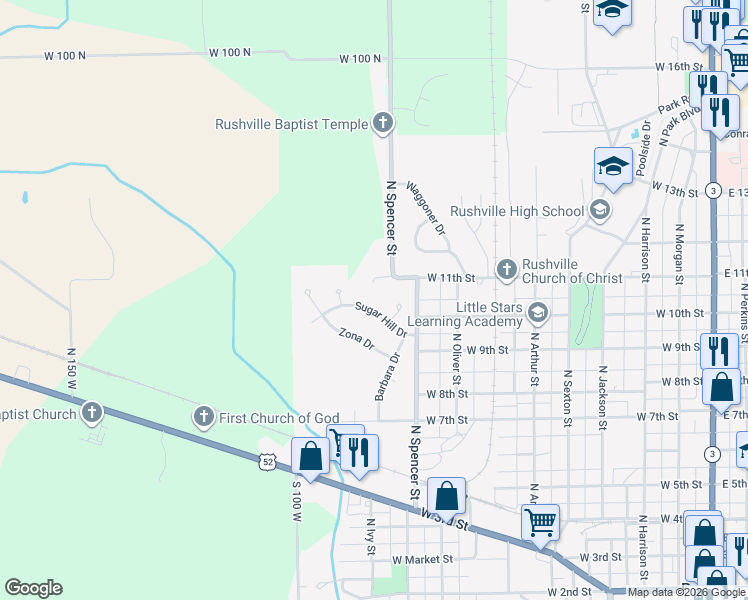 map of restaurants, bars, coffee shops, grocery stores, and more near 1124 Sugar Hill Drive in Rushville