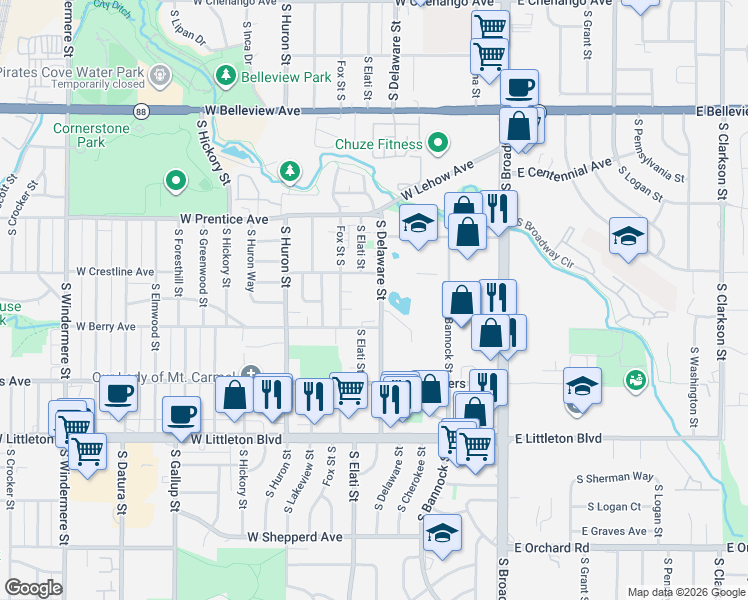 map of restaurants, bars, coffee shops, grocery stores, and more near 5427 South Delaware Street in Littleton