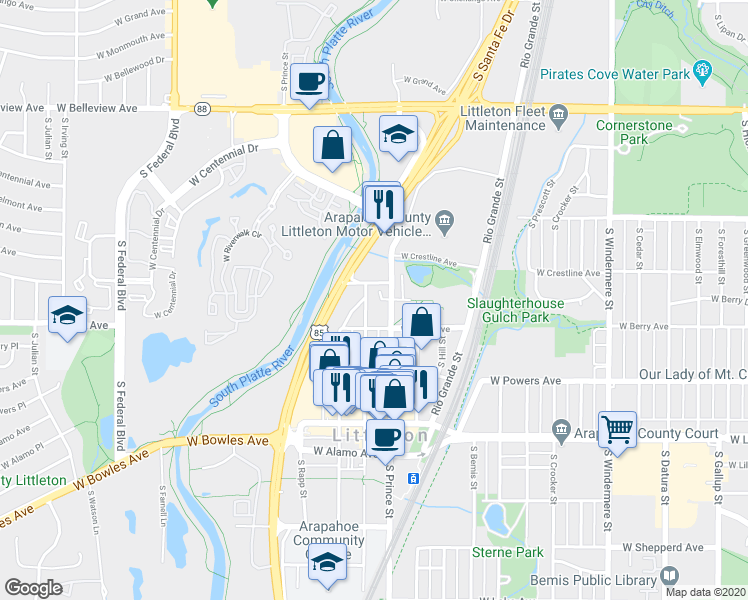 map of restaurants, bars, coffee shops, grocery stores, and more near 5423 South Prince Street in Littleton