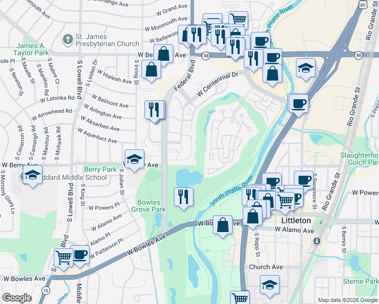 map of restaurants, bars, coffee shops, grocery stores, and more near 3026 West Centennial Drive in Littleton