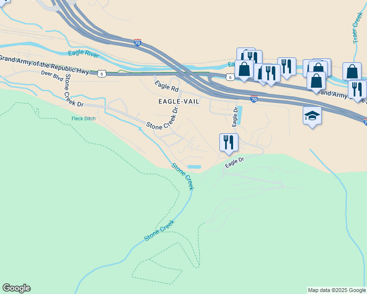 map of restaurants, bars, coffee shops, grocery stores, and more near 54 Beaver Road in Vail