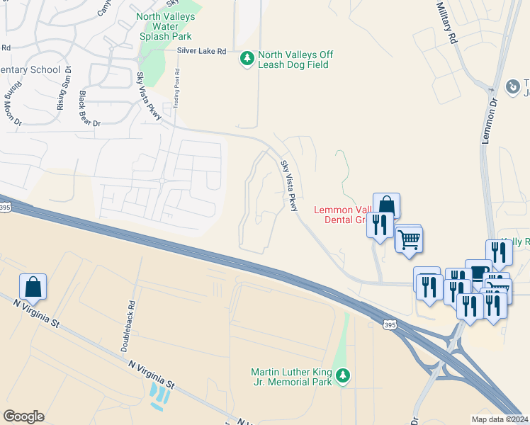 map of restaurants, bars, coffee shops, grocery stores, and more near 7711 Sky Vista Parkway in Reno