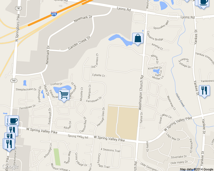 map of restaurants, bars, coffee shops, grocery stores, and more near 2372 Ferndown Drive in Miamisburg