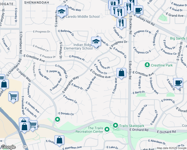 map of restaurants, bars, coffee shops, grocery stores, and more near 16395 East Crestline Place in Centennial