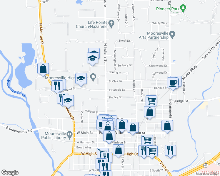 map of restaurants, bars, coffee shops, grocery stores, and more near 26 East Carlisle Street in Mooresville