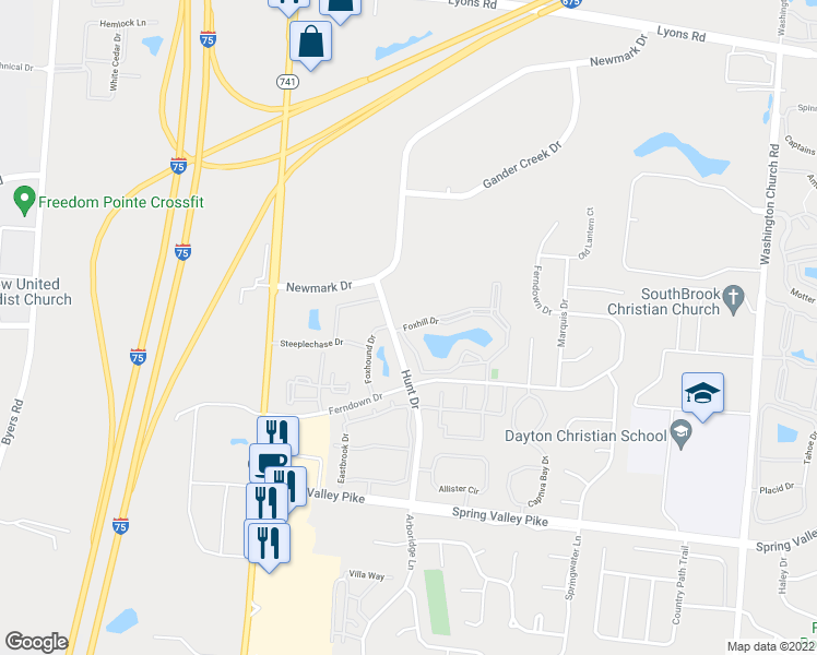 map of restaurants, bars, coffee shops, grocery stores, and more near 2301-2499 Foxhill Dr in Miamisburg