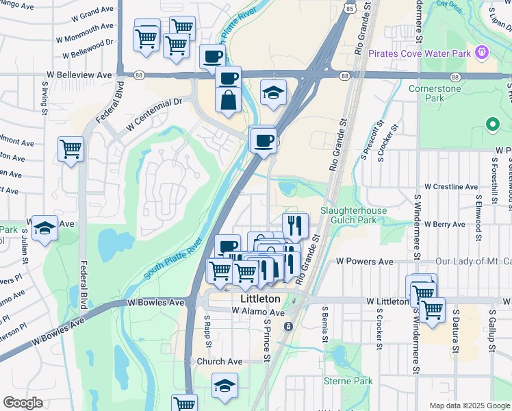 map of restaurants, bars, coffee shops, grocery stores, and more near 5423 South Prince Street in Littleton