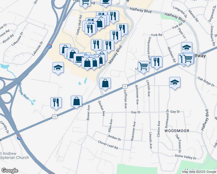 map of restaurants, bars, coffee shops, grocery stores, and more near 17324 Virginia Avenue in Hagerstown