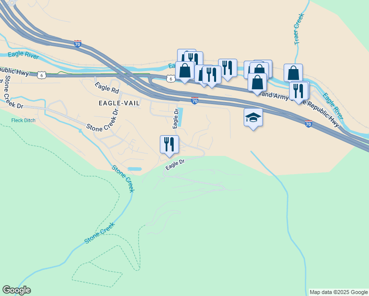 map of restaurants, bars, coffee shops, grocery stores, and more near 211 Eagle Drive in Avon