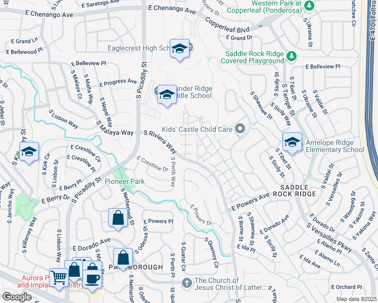 map of restaurants, bars, coffee shops, grocery stores, and more near 5446 South Picadilly Court in Aurora