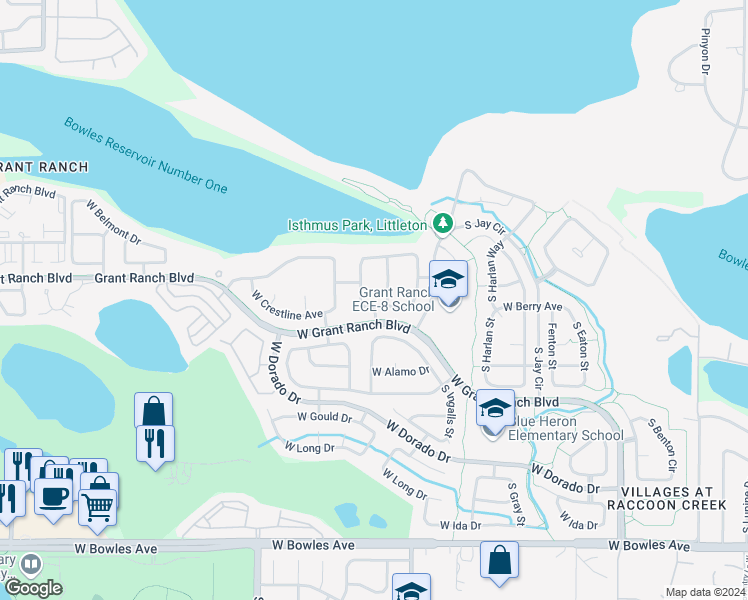 map of restaurants, bars, coffee shops, grocery stores, and more near 6349 South Newland Court in Littleton