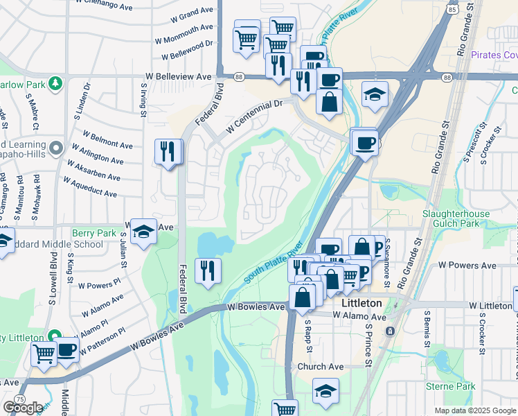 map of restaurants, bars, coffee shops, grocery stores, and more near 2765 West Riverwalk Circle in Littleton