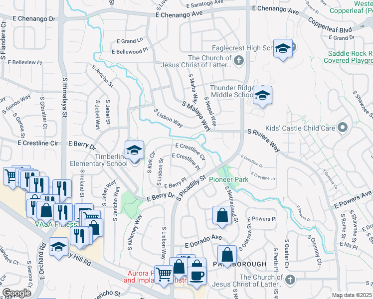 map of restaurants, bars, coffee shops, grocery stores, and more near 20962 East Crestline Circle in Centennial