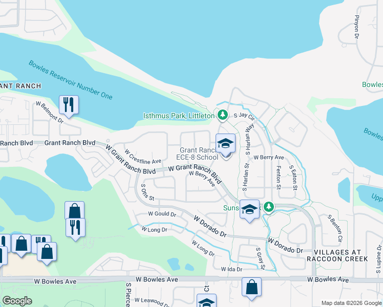map of restaurants, bars, coffee shops, grocery stores, and more near 6349 South Newland Court in Littleton