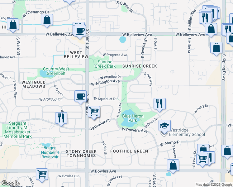 map of restaurants, bars, coffee shops, grocery stores, and more near 5430 South Quail Street in Littleton