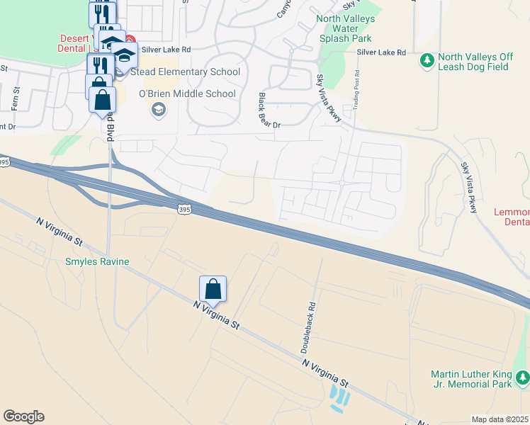 map of restaurants, bars, coffee shops, grocery stores, and more near 9660 Silver Dollar Lane in Reno