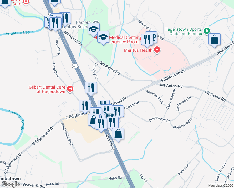 map of restaurants, bars, coffee shops, grocery stores, and more near 1680 Langley Drive in Hagerstown