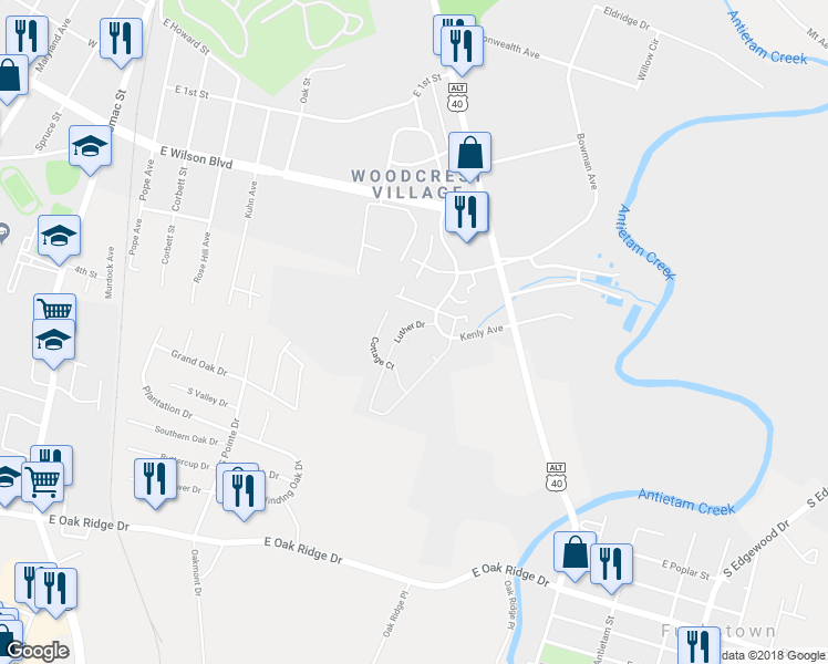 map of restaurants, bars, coffee shops, grocery stores, and more near 1122 Luther Drive in Hagerstown