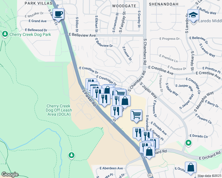 map of restaurants, bars, coffee shops, grocery stores, and more near 14936 East Crestridge Place in Centennial