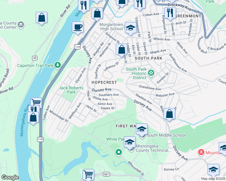 map of restaurants, bars, coffee shops, grocery stores, and more near 658 Dorsey Avenue in Morgantown