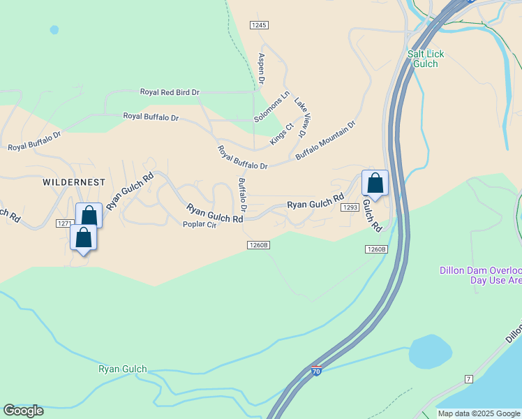 map of restaurants, bars, coffee shops, grocery stores, and more near 44 Running Bear Trail in Silverthorne