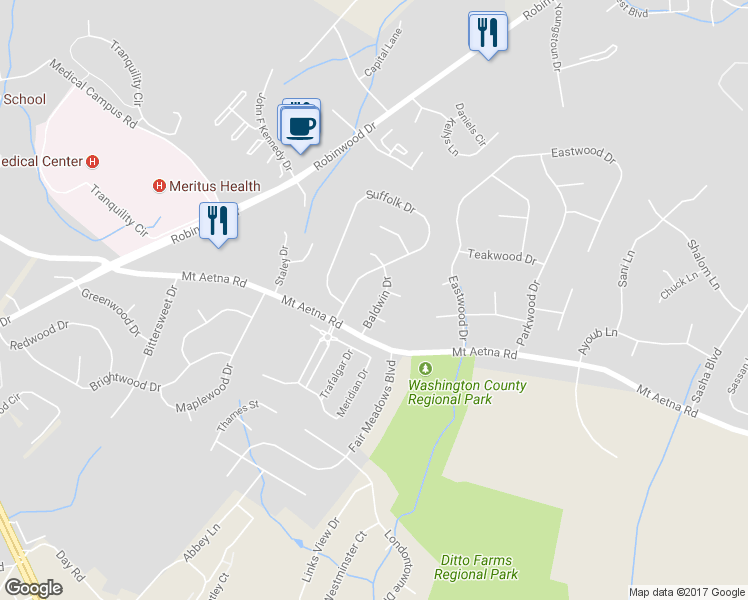 map of restaurants, bars, coffee shops, grocery stores, and more near 11018 Baldwin Drive in Hagerstown
