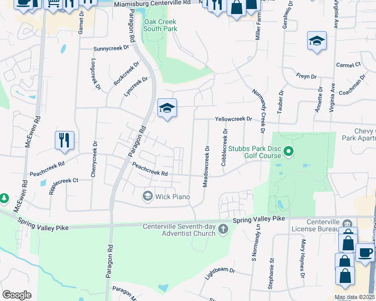 map of restaurants, bars, coffee shops, grocery stores, and more near 8749 Shadycreek Drive in Montgomery County