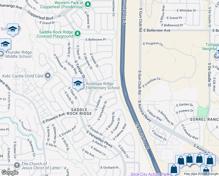 map of restaurants, bars, coffee shops, grocery stores, and more near 5406 South Valdai Way in Aurora