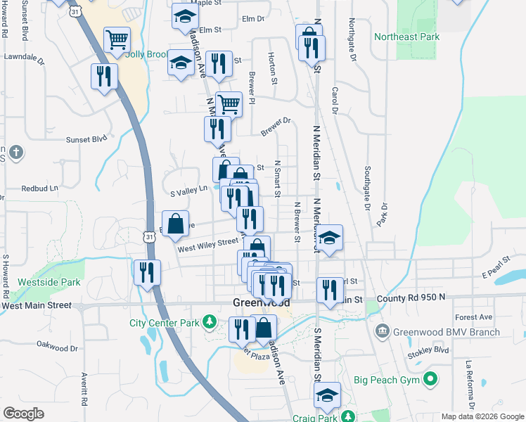 map of restaurants, bars, coffee shops, grocery stores, and more near 160 North Smart Street in Greenwood