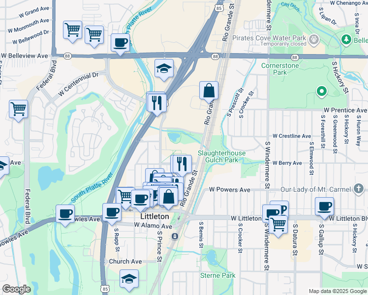 map of restaurants, bars, coffee shops, grocery stores, and more near in Littleton