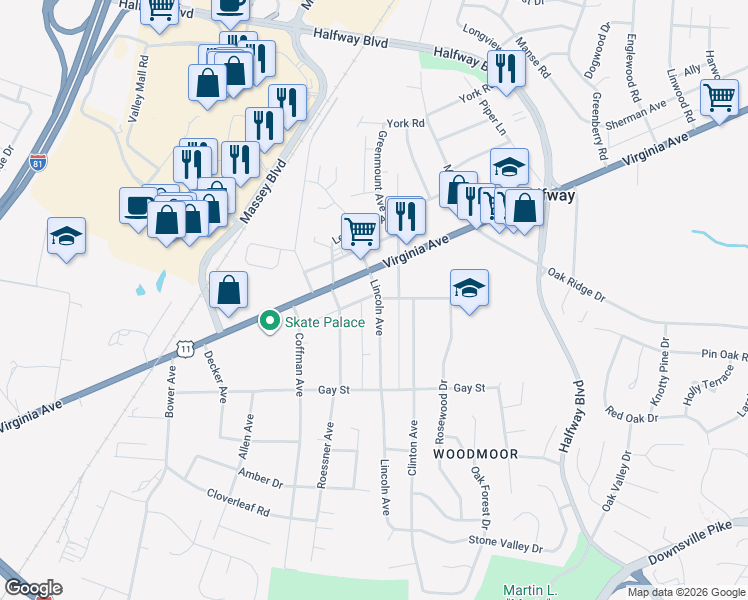 map of restaurants, bars, coffee shops, grocery stores, and more near 11044 Lincoln Avenue in Hagerstown