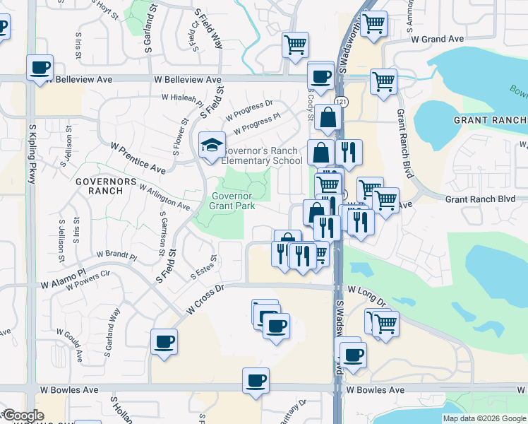 map of restaurants, bars, coffee shops, grocery stores, and more near 8755 West Berry Avenue in Denver