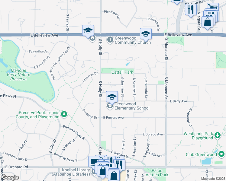 map of restaurants, bars, coffee shops, grocery stores, and more near 5470 South Holly Street in Greenwood Village
