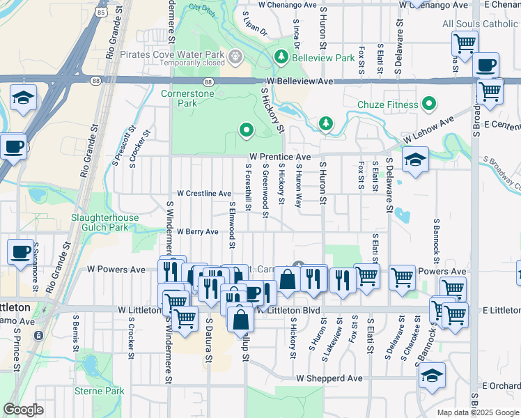 map of restaurants, bars, coffee shops, grocery stores, and more near 5449 South Greenwood Street in Littleton