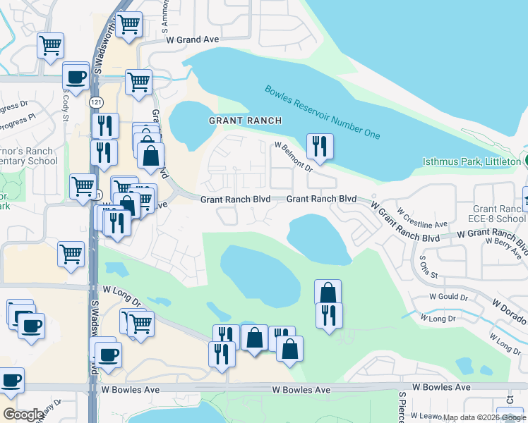 map of restaurants, bars, coffee shops, grocery stores, and more near 46 West Grant Ranch Boulevard in Denver