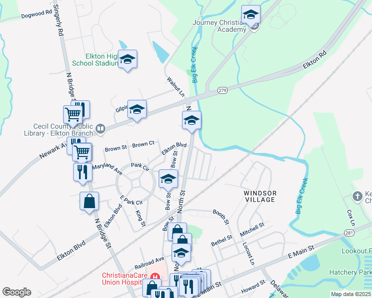 map of restaurants, bars, coffee shops, grocery stores, and more near 101 Elkton Blvd in Elkton