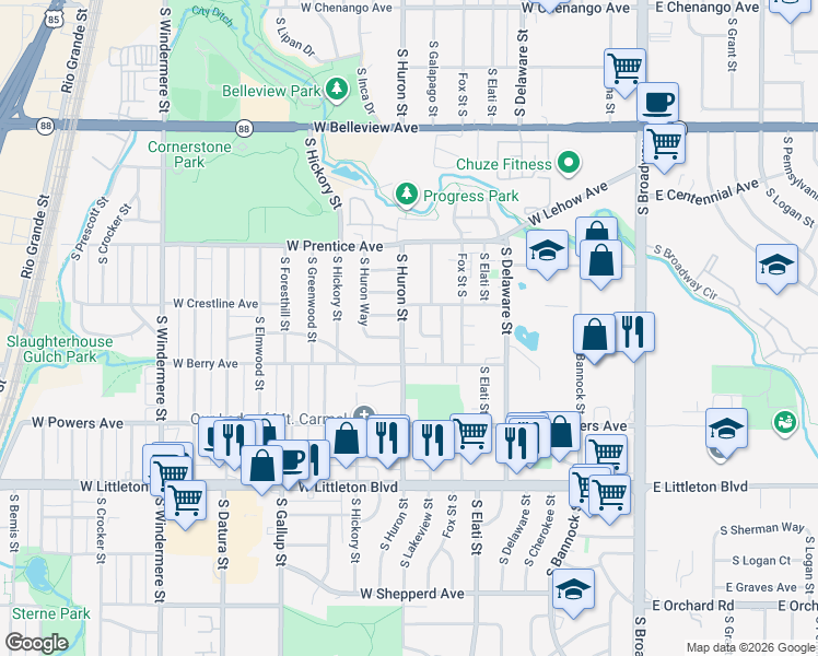 map of restaurants, bars, coffee shops, grocery stores, and more near 5434 South Huron Street in Littleton